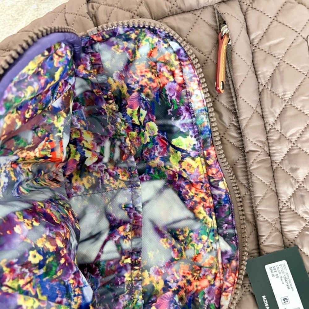 MZ Wallace Quilted Taupe Backpack with Brown Strap and Colorful Pouch - Picture 13 of 14